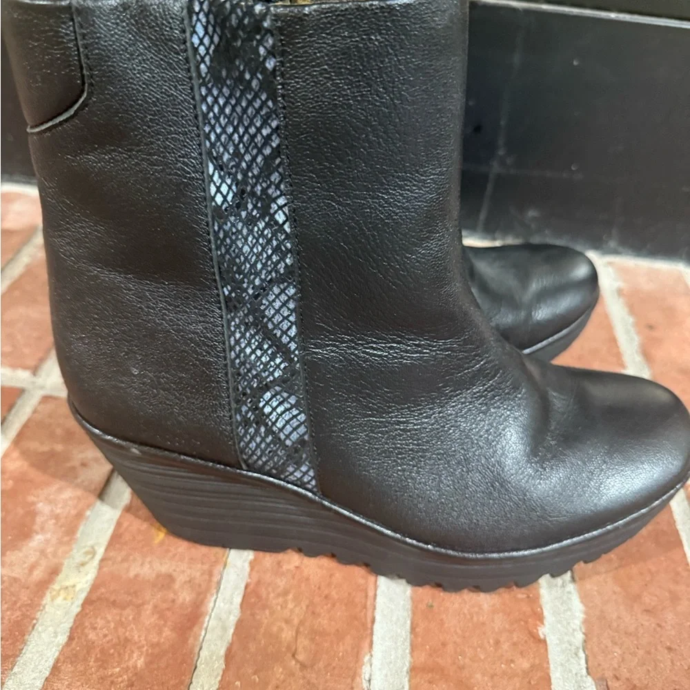 Fly London Black Wedge Boots with Snakeskin Detail - Picture 6 of 6
